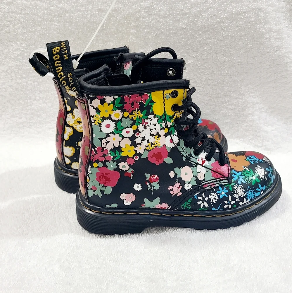 Dr. Martens Kids Floral Combat Boots in Black with Multicolor Flowers